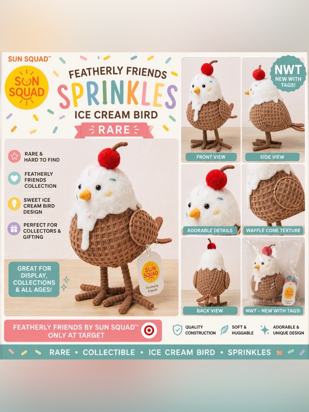 Featherly Friends “Sprinkles” Ice Cream Bird – Sun Squad Rare Plush NWT